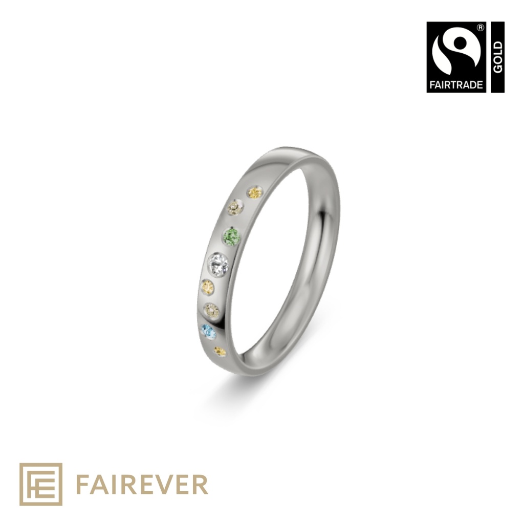 Fairtrade Gold Ring – 750 ‰ (18kt) White Gold with Colored Diamonds