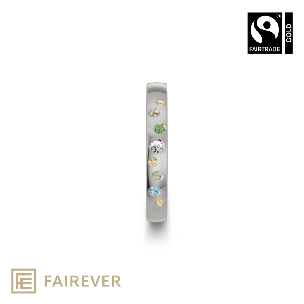 Fairtrade Gold Ring – 750 ‰ (18kt) White Gold with Colored Diamonds
